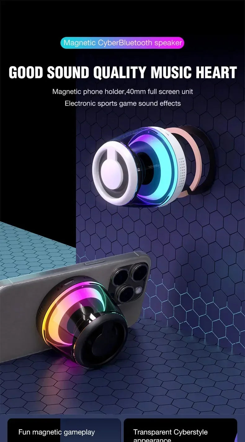 Altavoz para juegos con soporte magnético para teléfono inalámbrico: compatible con MagSafe y Android, resistente al agua IPX5, iluminación RGB, montaje en superficie metálica