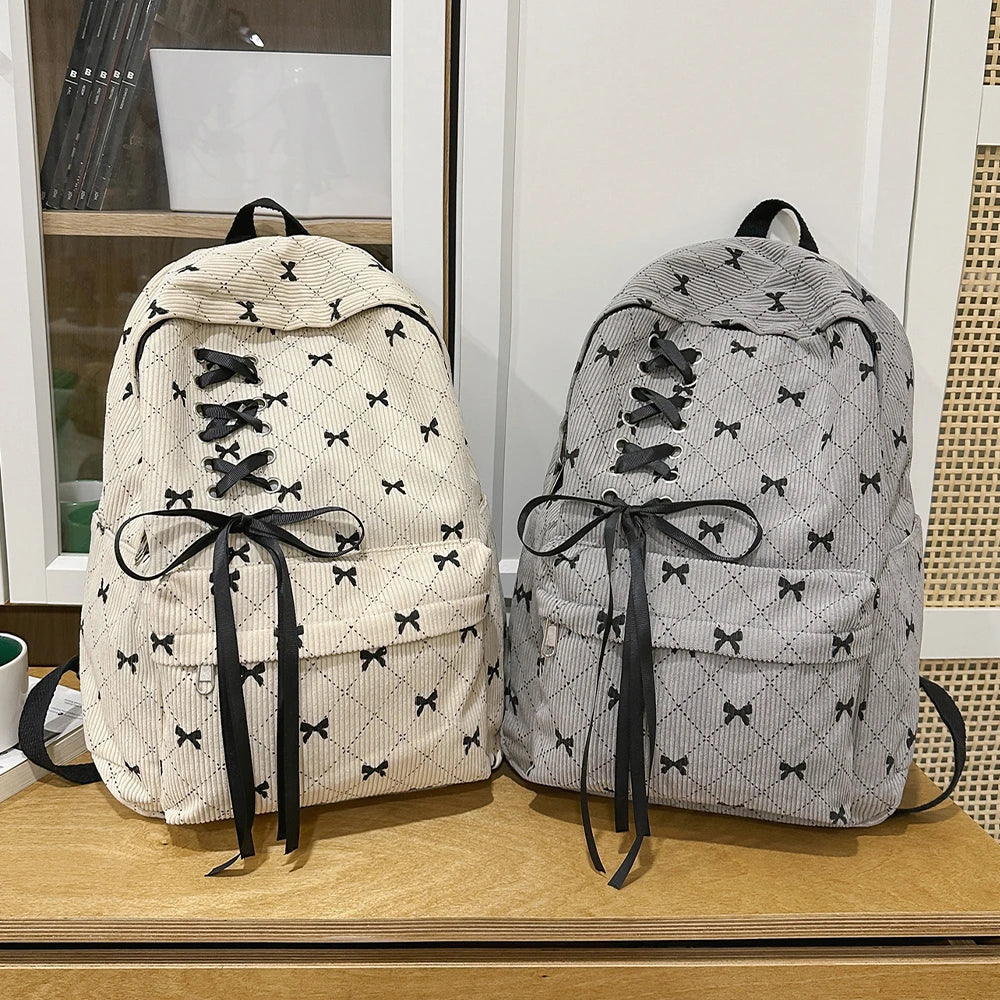 Mochila de Ocio, Mochila de Pana con Lazo para Primavera y Verano, Mochila de Gran Capacidad Estilo Universitario, Mochila para Viajar al Trabajo