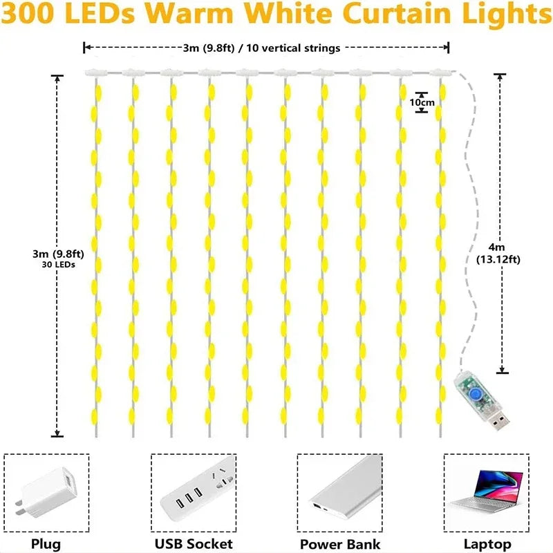 Guirnalda de cortina, cadena de luces Led, decoración navideña para Festival, 8 modos, luz navideña Usb para dormitorio, hogar y exteriores