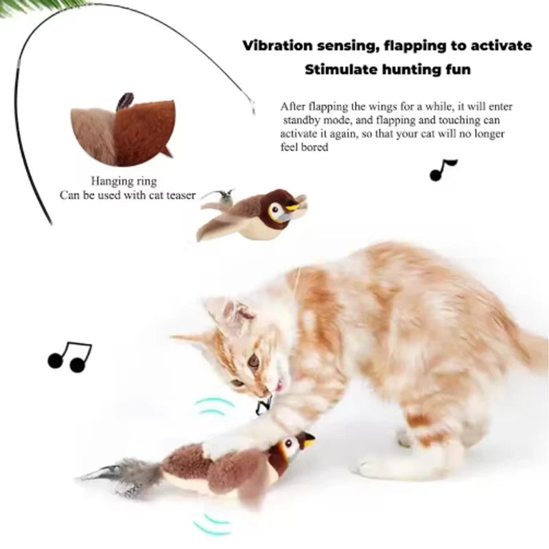 Juguete interactivo para gatos, pájaro batiente con hierba gatera, pájaro de simulación recargable, juguetes para gatos, juguetes de peluche esponjosos activados por tacto para gatos