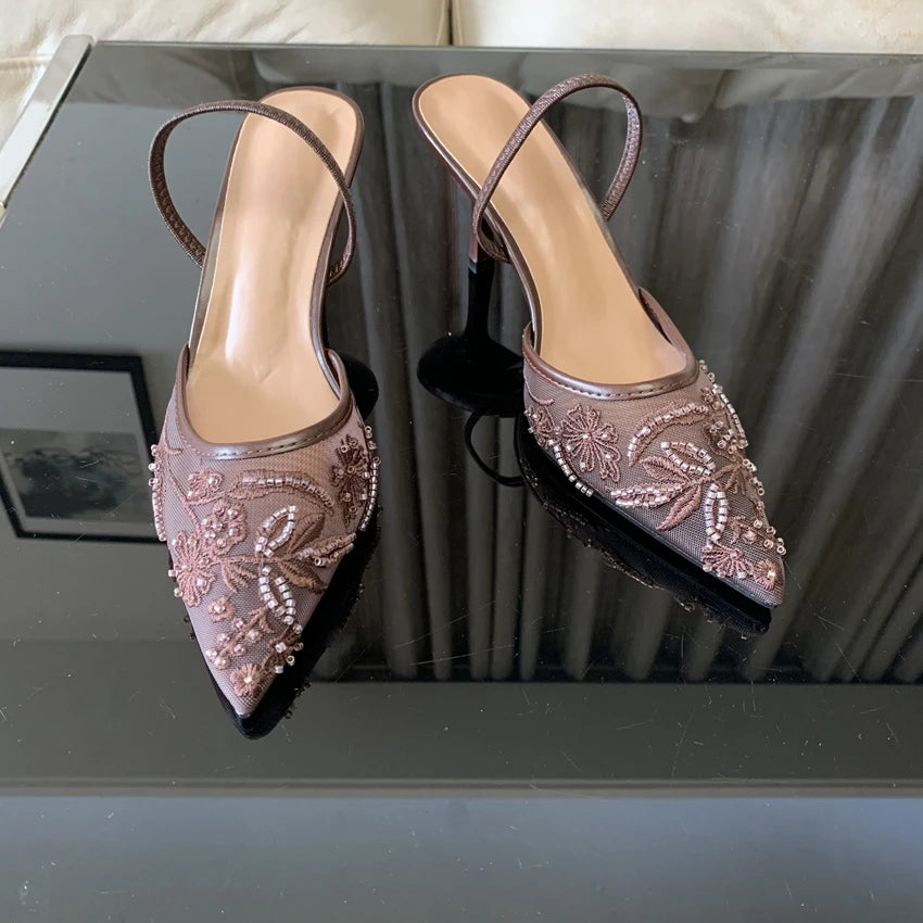 Sandalias de Tacón Alto con Malla Bordada y Cuentas para Mujer