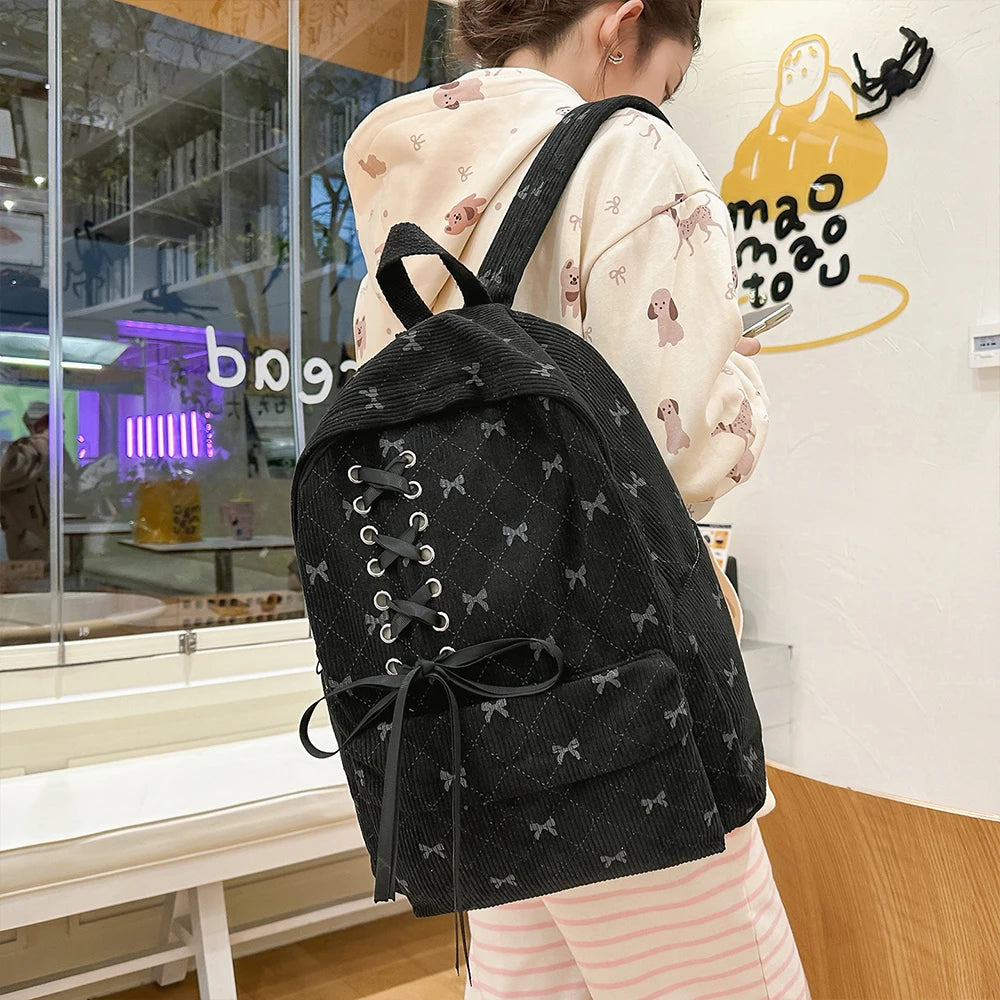 Mochila de Ocio, Mochila de Pana con Lazo para Primavera y Verano, Mochila de Gran Capacidad Estilo Universitario, Mochila para Viajar al Trabajo