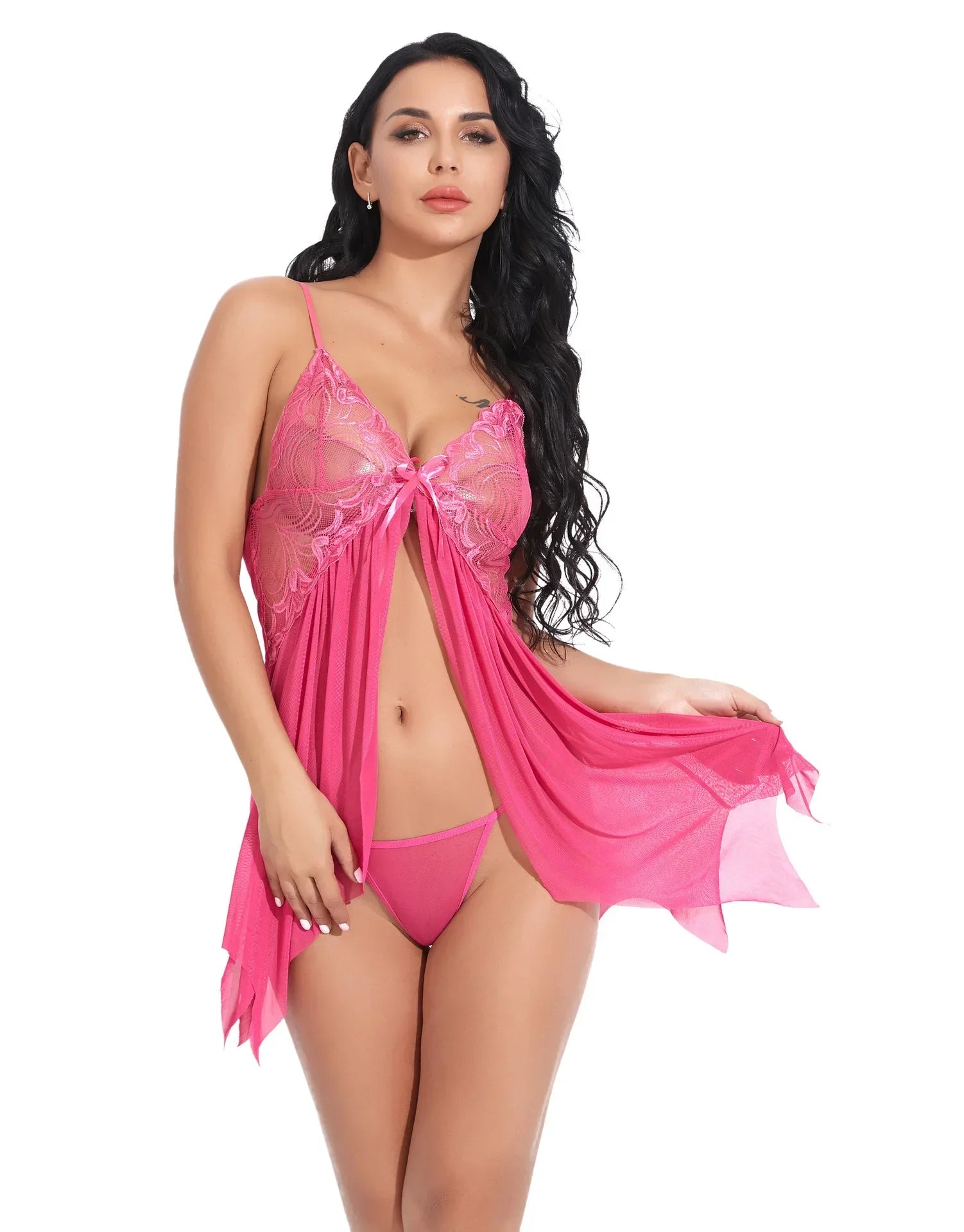Camisón de Encaje y Malla Sexy Babydoll para Mujer