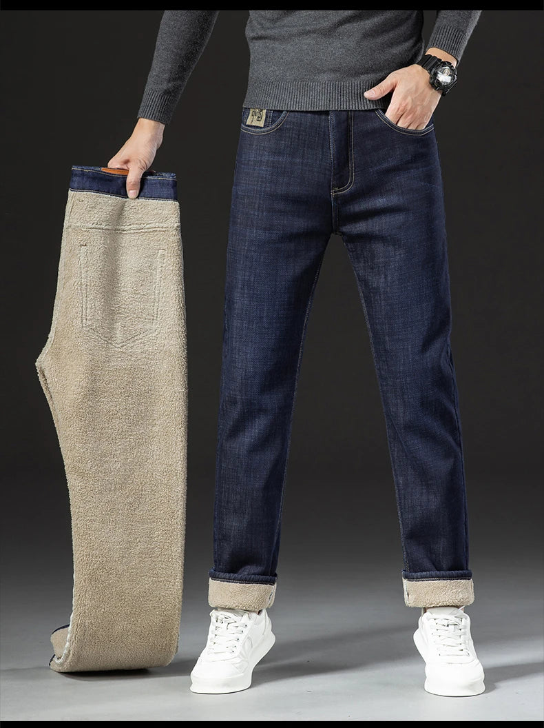 Pantalones Vaqueros de Invierno para Hombre, Forro de Cordero, Talla Grande