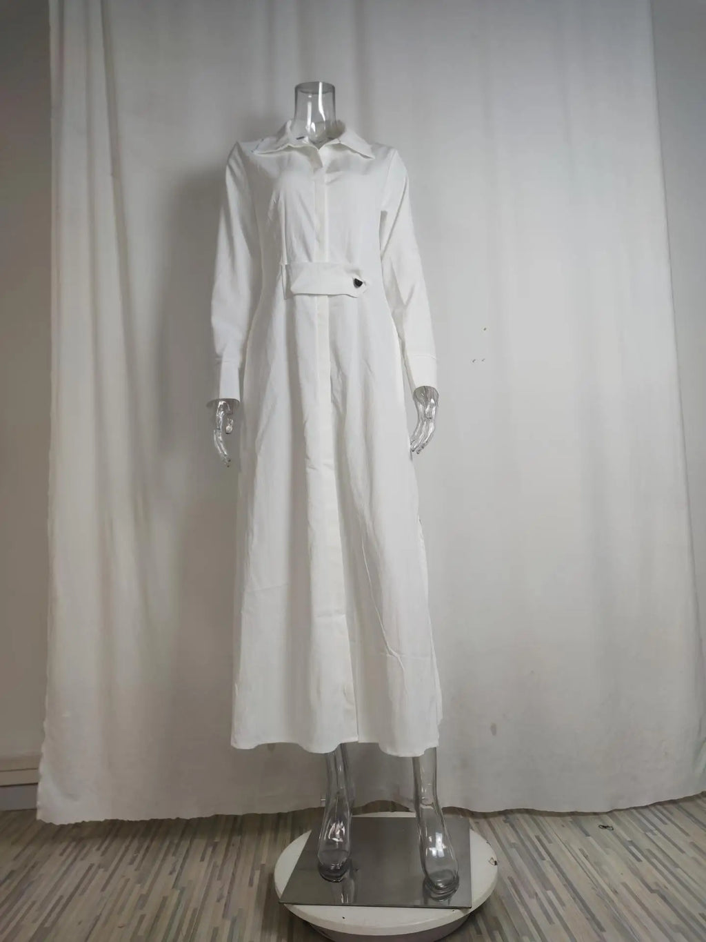 Primavera Verano mujer vestido de talla grande blanco Casual cuello pico solapa camisa de manga larga Maxi vestidos mujer bolsillo fiesta vestido largo
