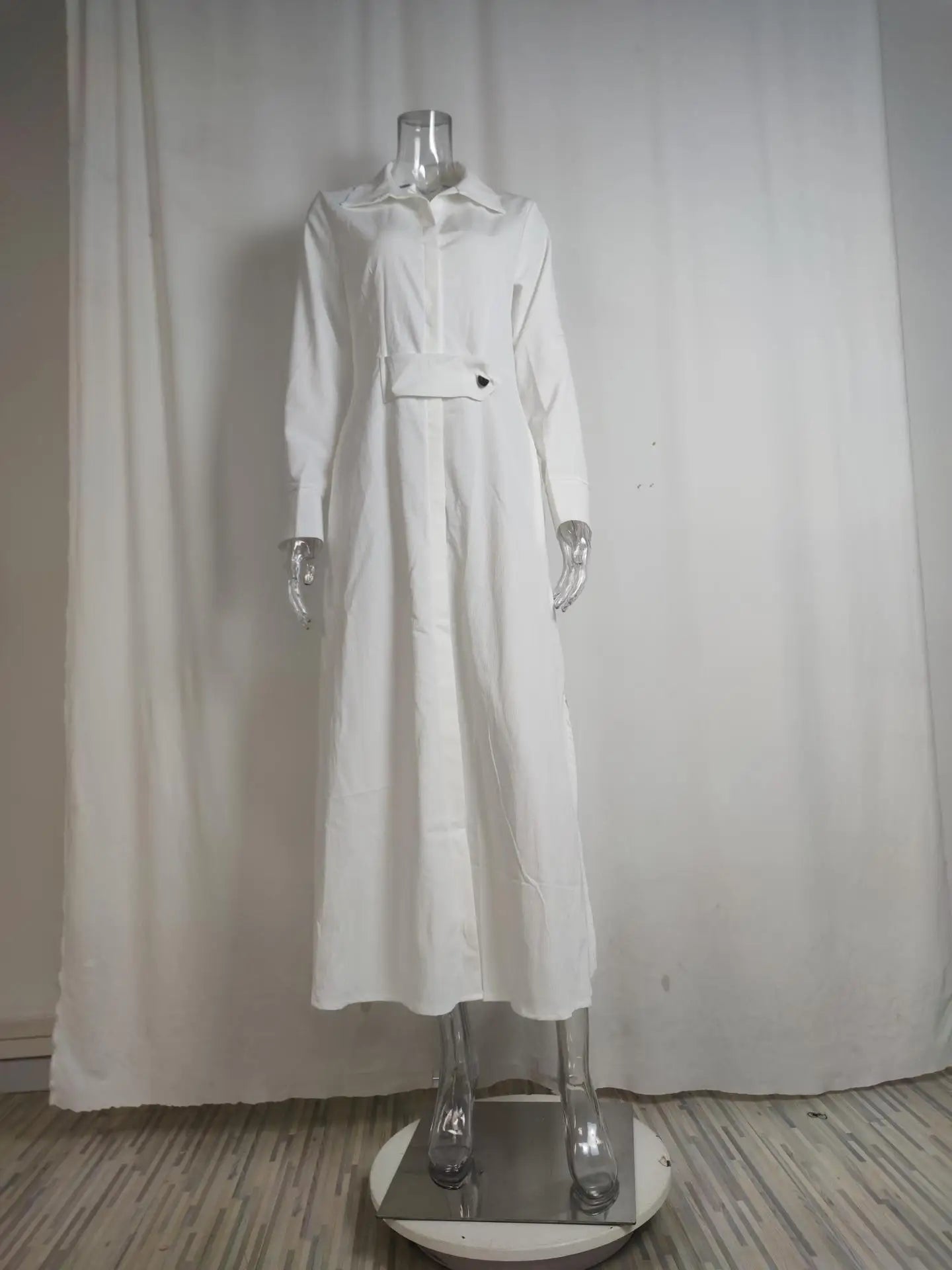Primavera Verano mujer vestido de talla grande blanco Casual cuello pico solapa camisa de manga larga Maxi vestidos mujer bolsillo fiesta vestido largo