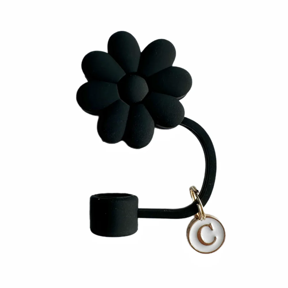 Tapas de Paja de Silicona con Diseño Floral - 26 Letras (Negro)