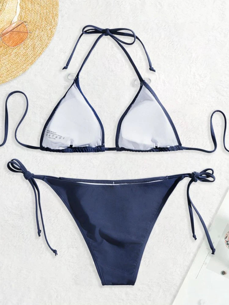 Traje de baño Tanga Bikini conjunto Sexy nuevo azul marino trajes de baño mujer Sexy trajes de baño Bikinis triángulo vendaje ropa de playa femenina