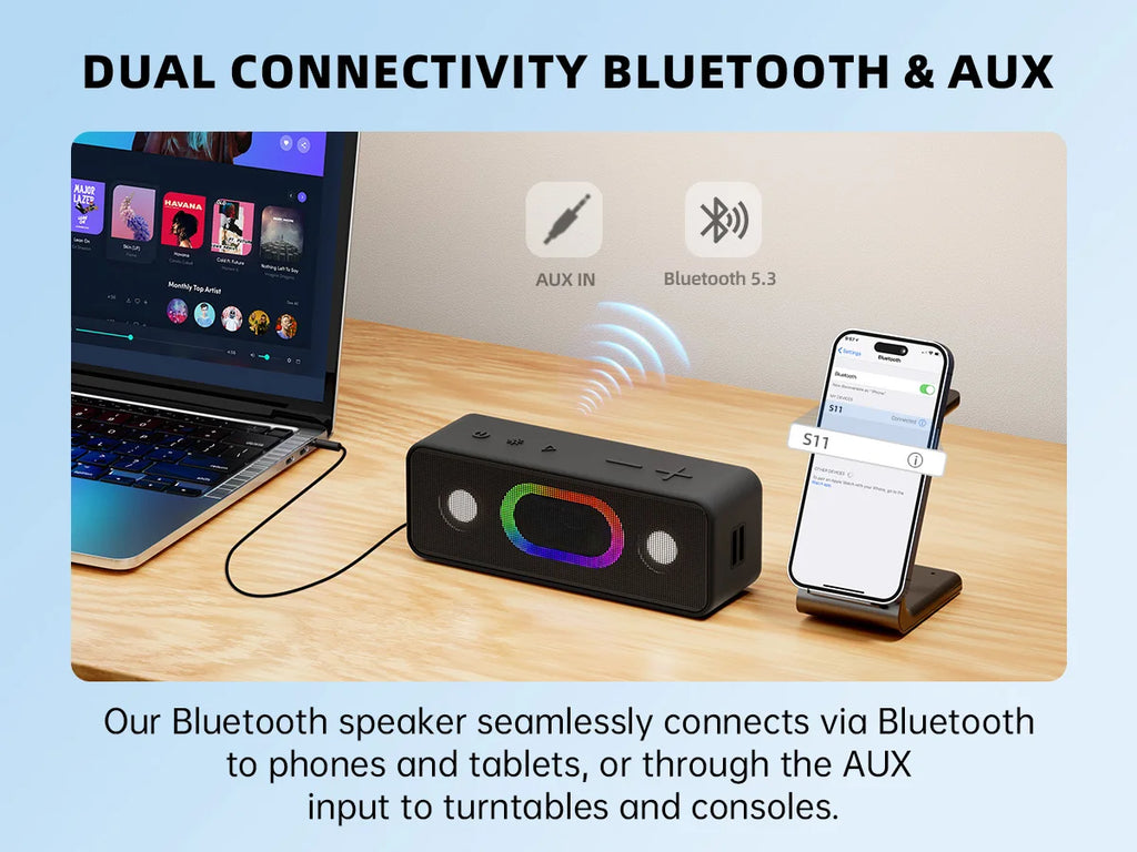 Ortizan S11 Altavoz Bluetooth portátil con luces Altavoces de computadora Bluetooth para escritorio, altavoces para juegos para PC, computadora portátil, tableta