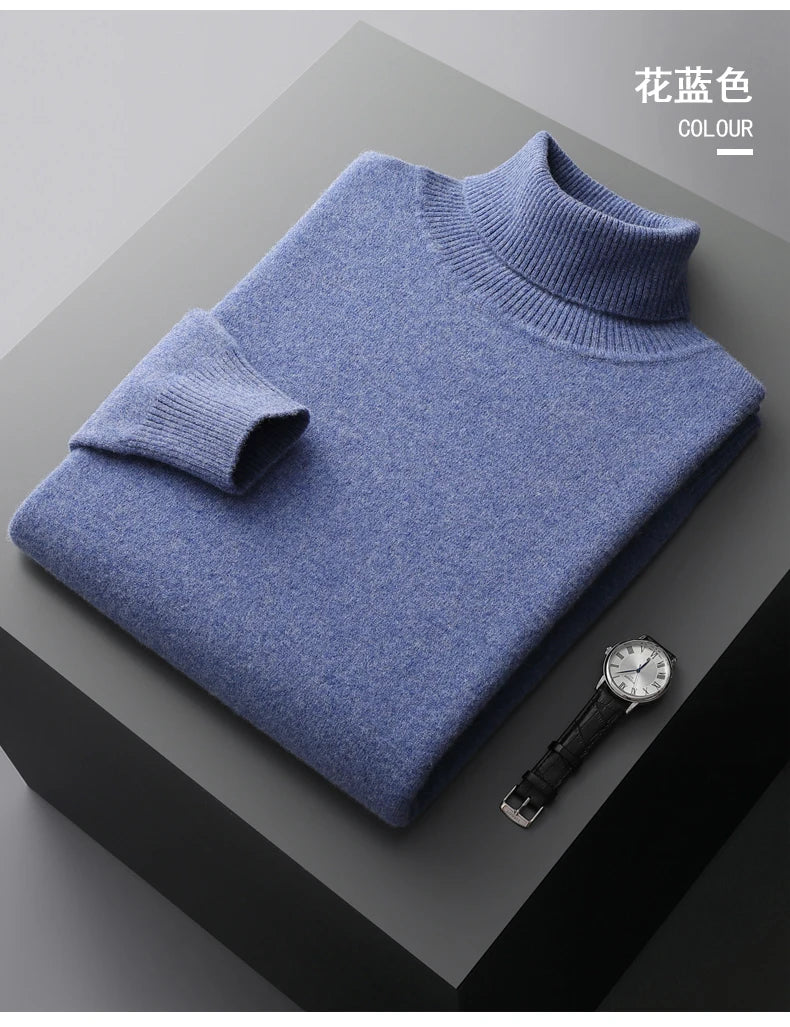 Suéter de cachemira Merina para hombre, Jersey de punto acolchado, cálido, cuello de tortuga, abrigo holgado de talla grande, otoño e invierno, 100%