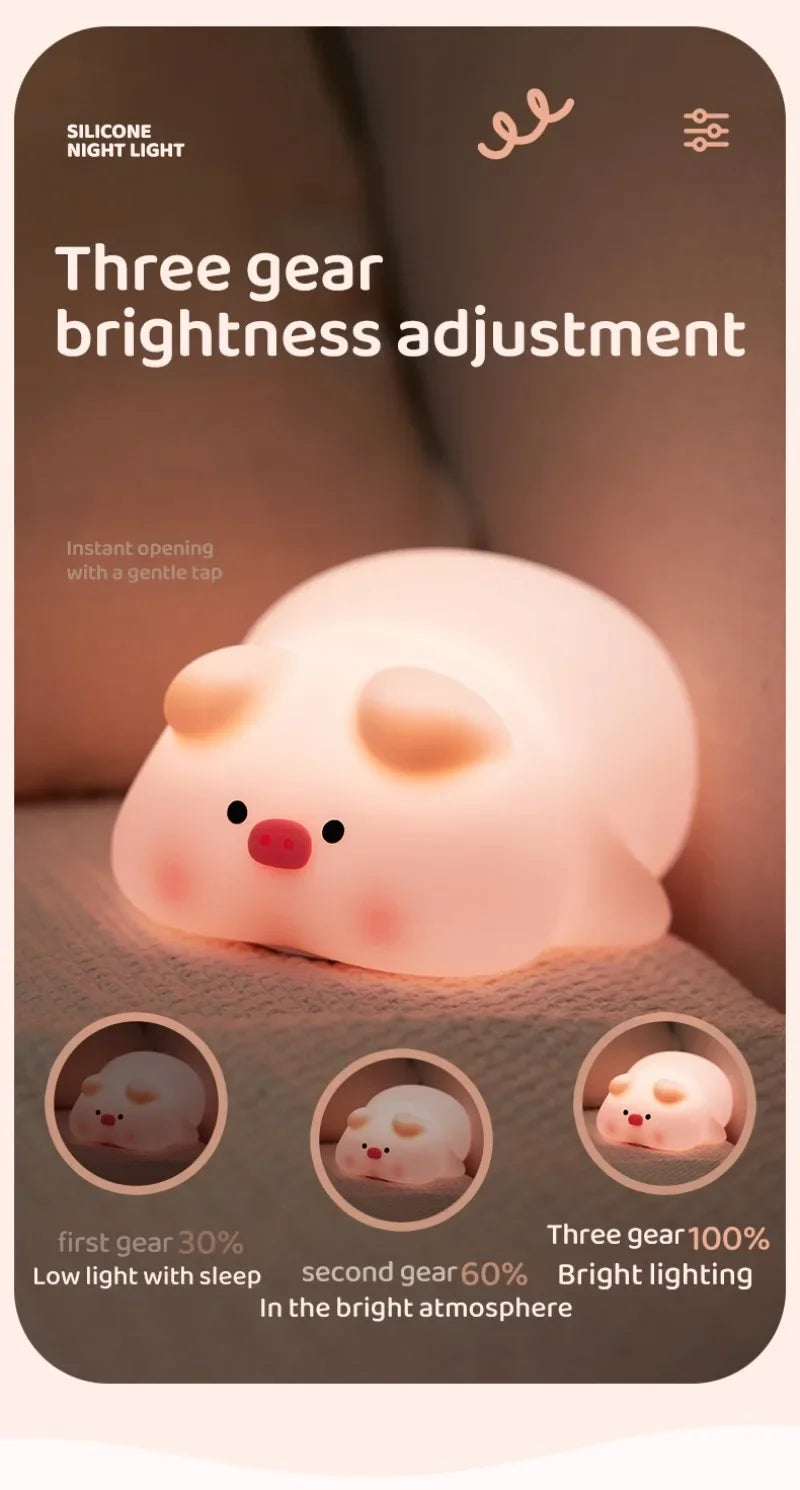Luz nocturna de cerdito rosa, bonita luz nocturna de silicona, lámpara LED Pat, decoración de habitación, carga USB, lámpara de ambiente interior, regalo para niños