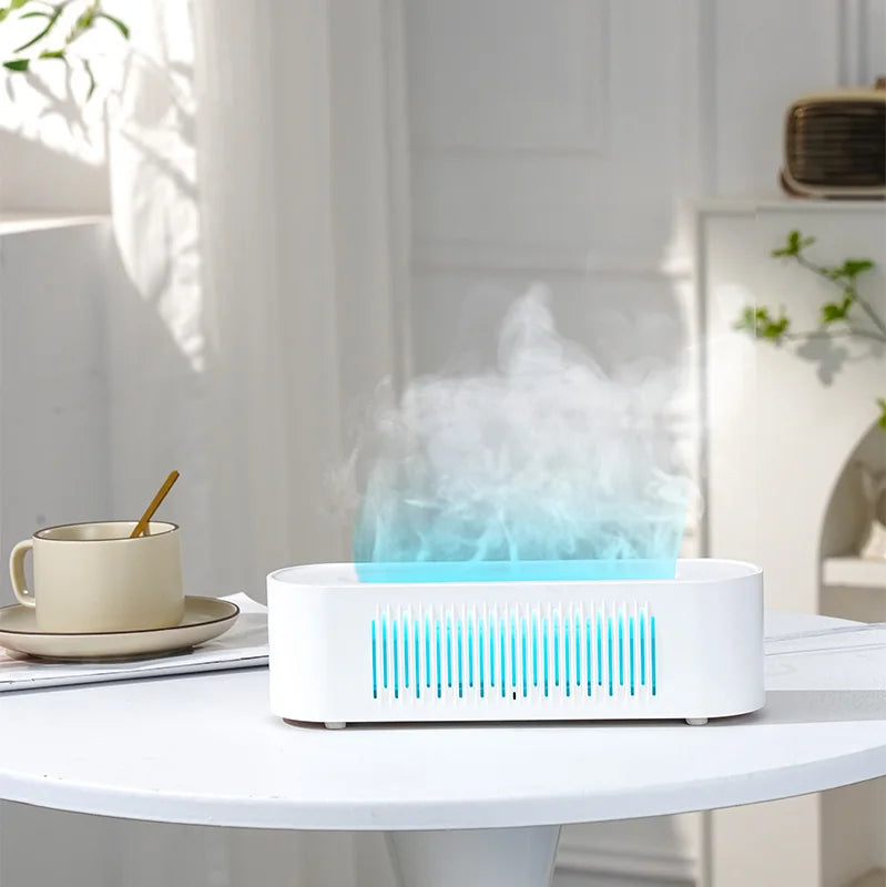 Humidificador de aromaterapia con llama, atmósfera colorida, luz nocturna, humidificación silenciosa, diseño de ventilación de fondo suave