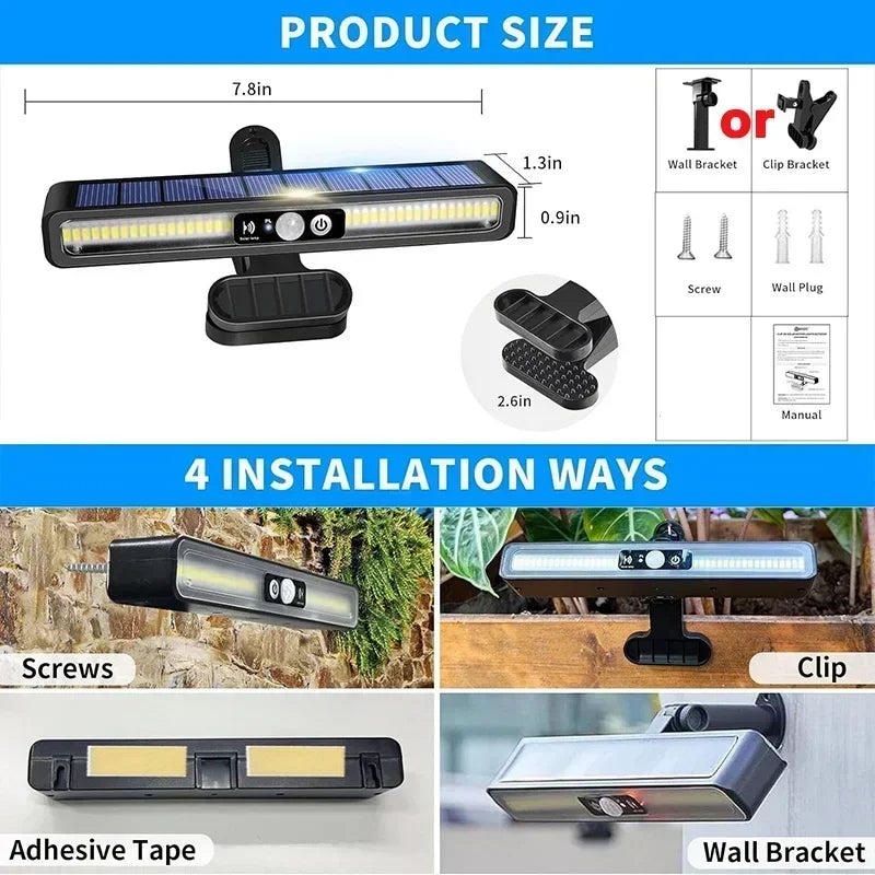 Luz solar con sensor de movimiento para exteriores, luces para vallas impermeables con 3 modos, 6000K, lámpara de seguridad portátil para canalones y garajes