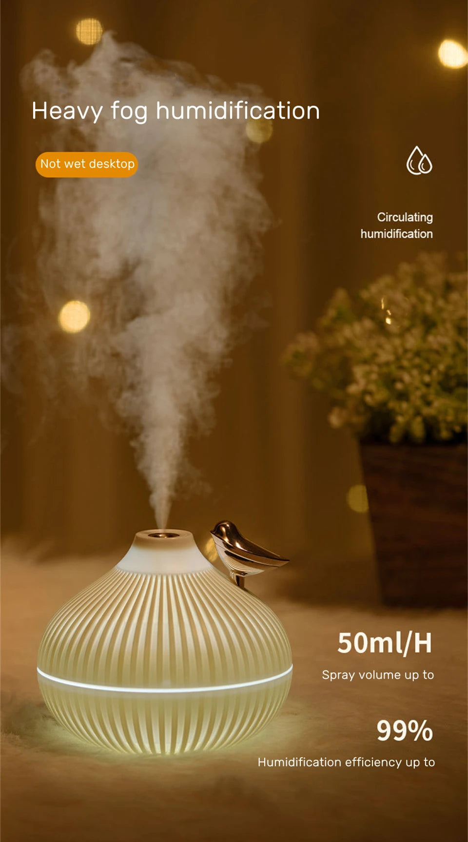 Humidificador de aire USB de 300ml, Mini difusor de Aroma de agua con luz LED nocturna cálida para el hogar, Humidificador ultrasónico de niebla fría