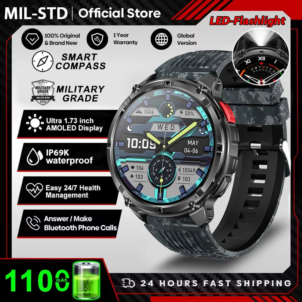 Reloj Inteligente AMOLED 1100mAh con Linterna LED, IP69 y Llamadas Bluetooth