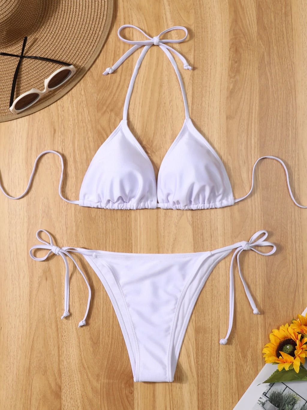 Conjunto de bikini sexy de 2 piezas para mujer, blanco puro, con tirantes finos, espalda descubierta, traje de baño con tiras finas, detalle lateral de vendaje sencillo para verano