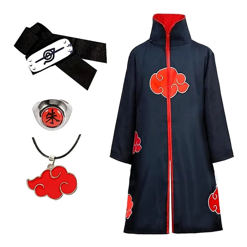 Disfraz de Anime Akatsuki, bata de nube roja con collar, diadema, conjunto de anillo para juego de rol, disfraz de juego para niños y adultos