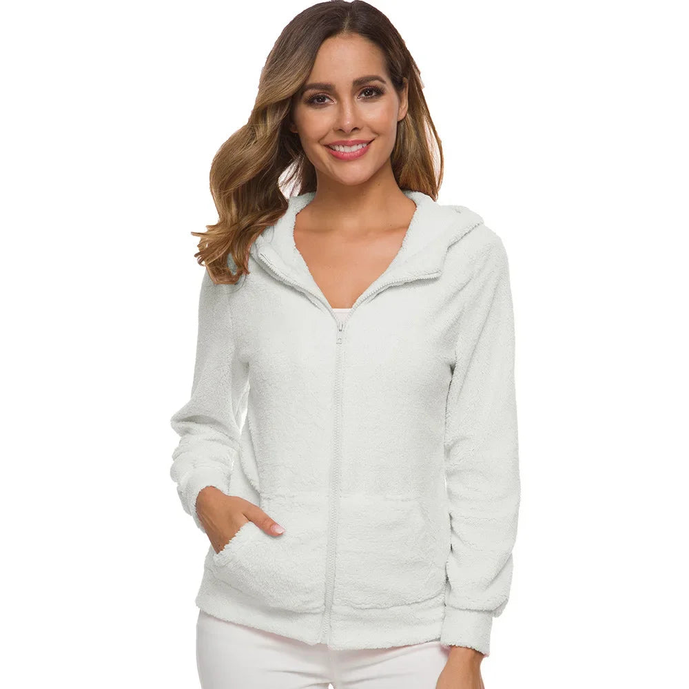 Chaqueta cálida de otoño e invierno para mujer, Sudadera con capucha informal 2025, sudaderas con capucha para mujer, sudadera con cremallera, abrigo liso de lana suave para mujer