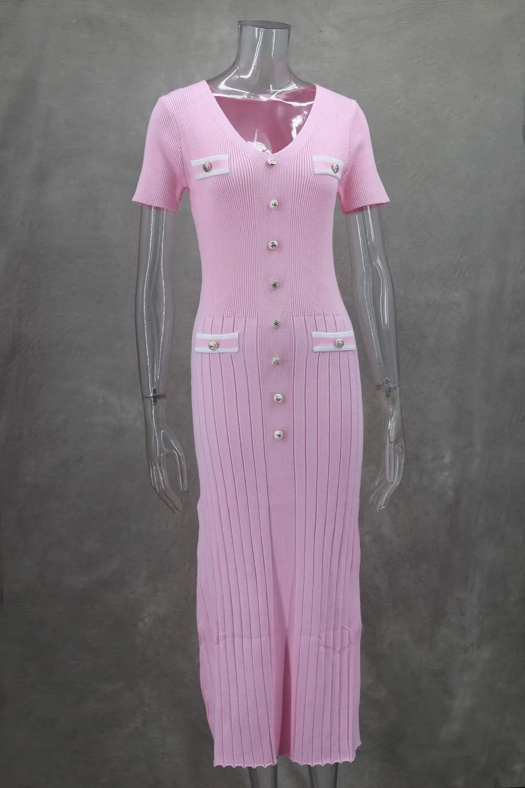 Vestido largo de punto con cuello en V para mujer, suéter elegante de un solo pecho, ropa de calle ceñida al cuerpo, moda de verano, 2024