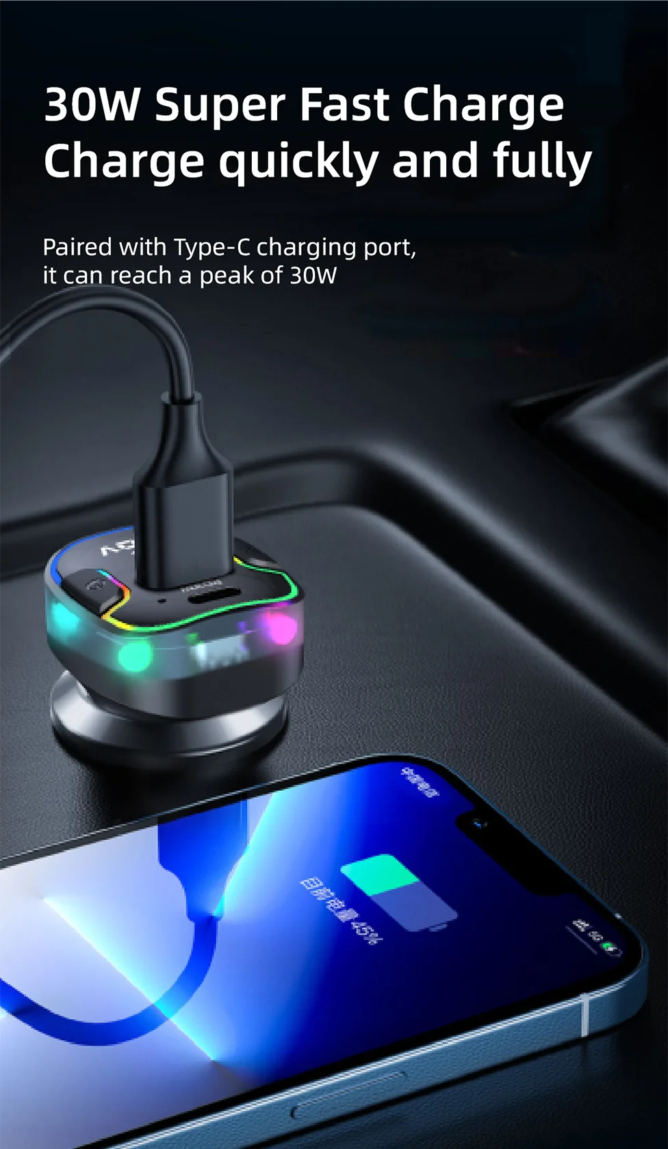 Cargador de Auto PD30W 5 Puertos con USB-C y Extensión para Asientos Traseros