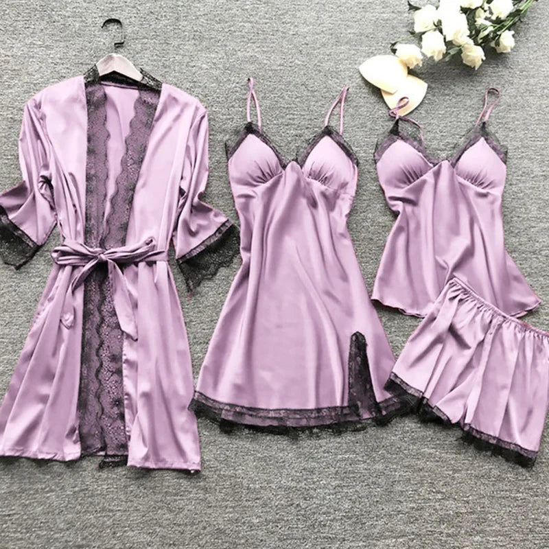 Pijama Set 4 Piezas de Encaje con Escote en V y Almohadillas