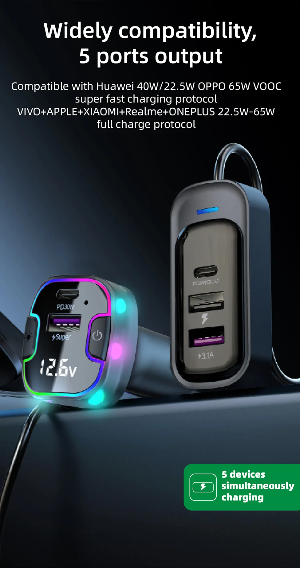Cargador de Auto PD30W 5 Puertos con USB-C y Extensión para Asientos Traseros