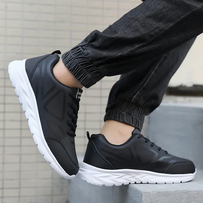 YRZL-Zapatillas deportivas impermeables de cuero para hombre, zapatos deportivos cómodos para caminar, resistentes al desgaste, color negro