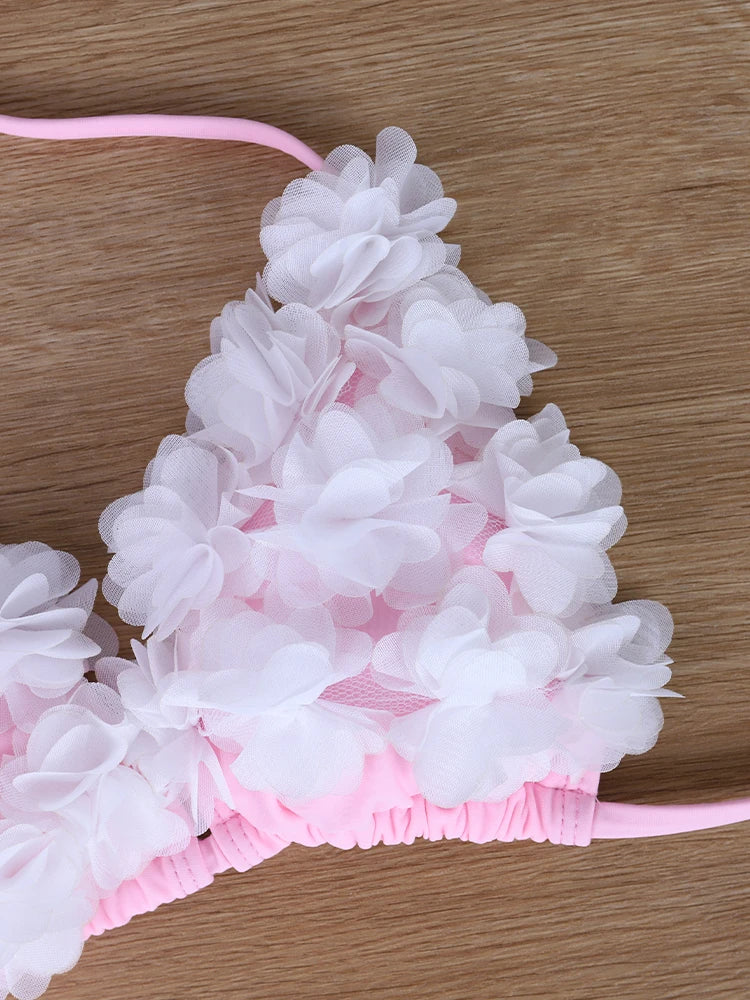 Bikini Rosa Hecho a Mano con Flores 3D, Cuello Cruzado y Parte Inferior Triangular para Senos Pequeños, Realza y Adelgaza