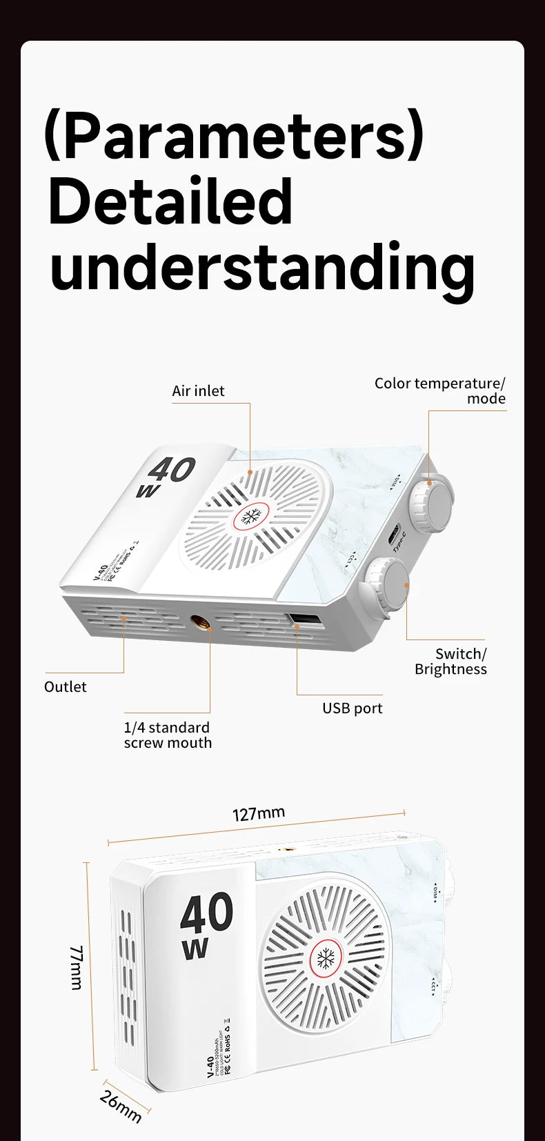 Luz de relleno de mano de 40W, luz portátil de bolsillo para Selfie, fotografía al aire libre, luz LED suave, luz de belleza con ventilador, luz superior para cámara