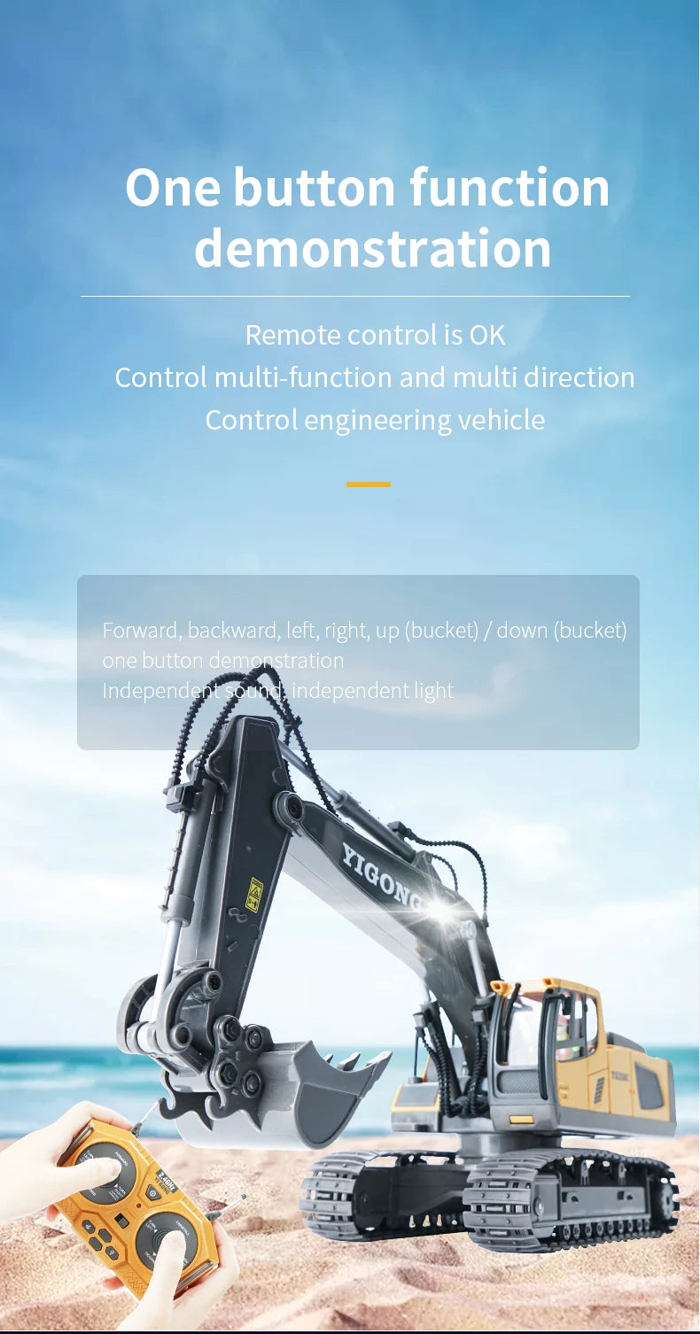 Excavadora RC 1:20 con Volcador y Bulldozer, Luz y Música