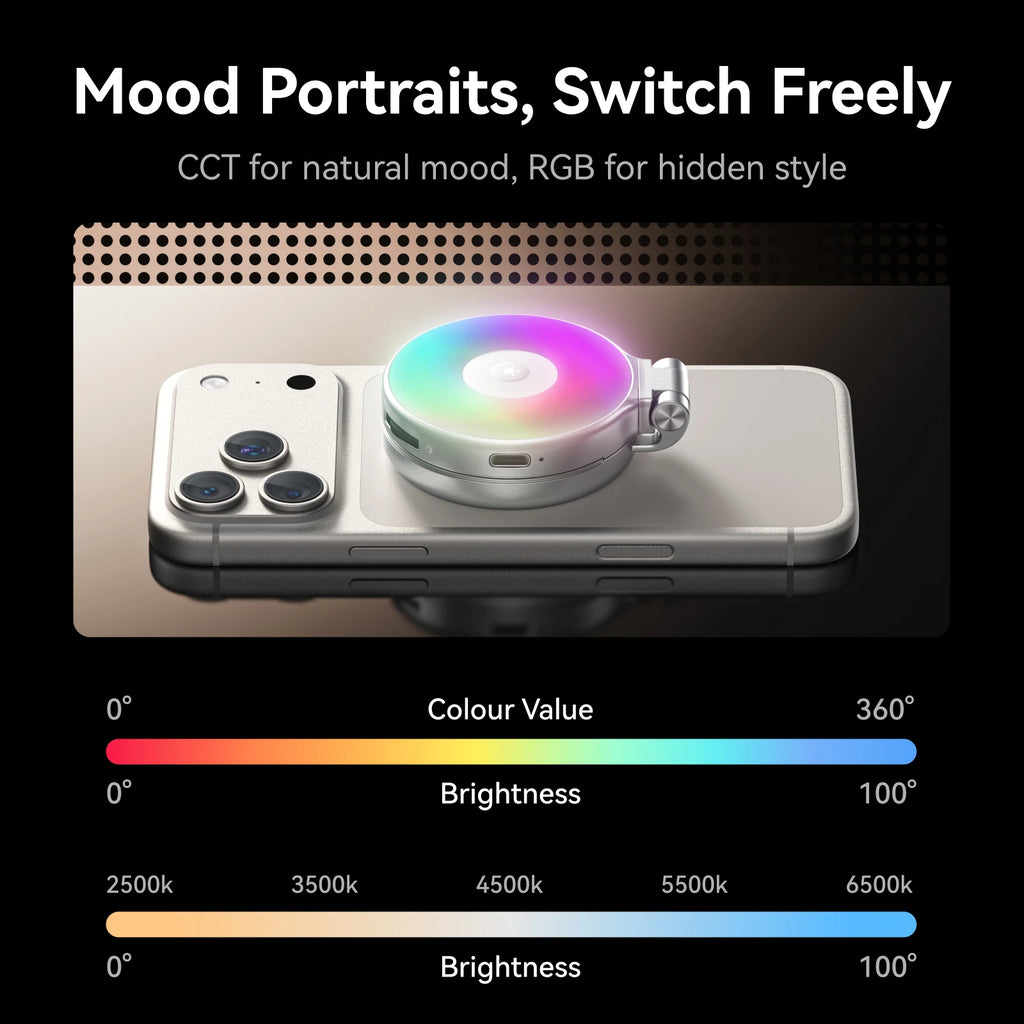 TELESIN Magnético 360 °   Mini Lámpara de Relleno RGB Giratoria, Luz para Selfies con 3 Modos de Color y Brillo Ajustables para Teléfonos Inteligentes iPhone y Android