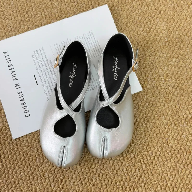 Zapatos Planos de Mujer con Punta Dividida, Estilo Mary Jane, Minimalistas, con Tira Cruzada, de Cuero PU Liso, Zapatos de Ballet, Estilo Francés Chic, Casuales, para Caminar