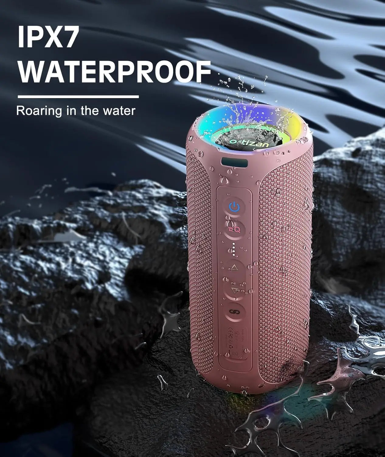 Altavoces Bluetooth Ortizan, altavoz estéreo inalámbrico portátil - IPX7 resistente al agua, sonido fuerte, graves profundos, luz LED, Bluetooth 5.3