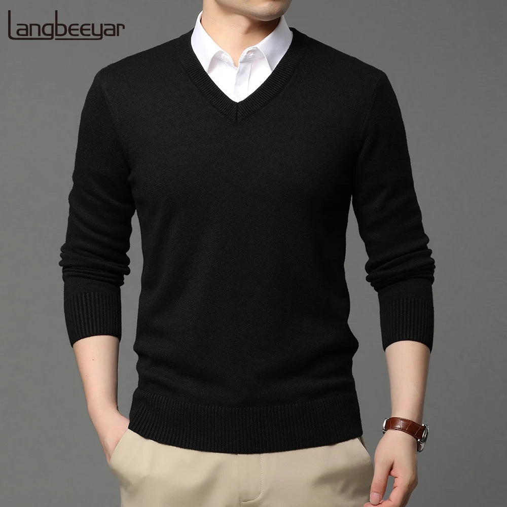 Suéter de Punto con Cuello en V para Hombre – Otoño Invierno