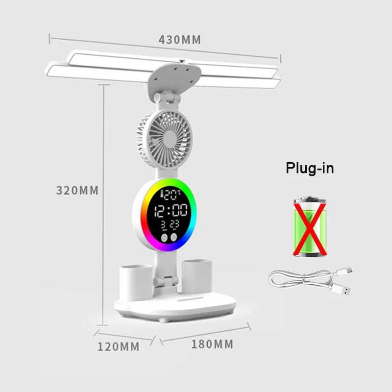 Lámpara de Mesa Recargable con Ventilador y Reloj LED