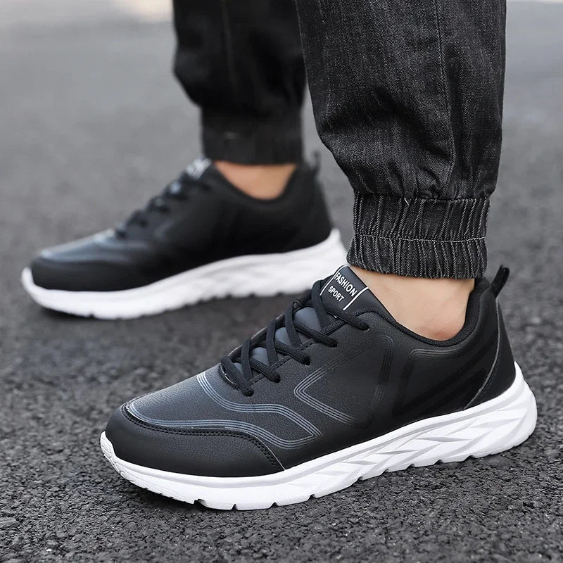 YRZL-Zapatillas deportivas impermeables de cuero para hombre, zapatos deportivos cómodos para caminar, resistentes al desgaste, color negro