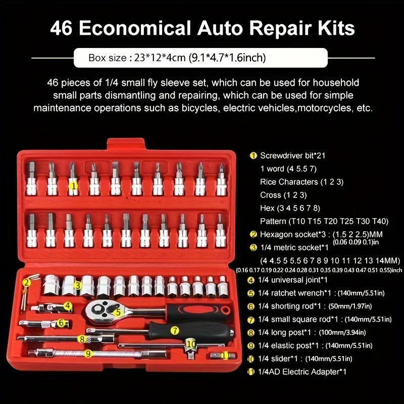 Kit de herramientas de reparación de automóviles/bicicletas, llave dinamométrica de trinquete, llave inglesa, destornillador, juego de enchufes para mecánicos de automóviles, entusiastas del bricolaje, 46 Uds.