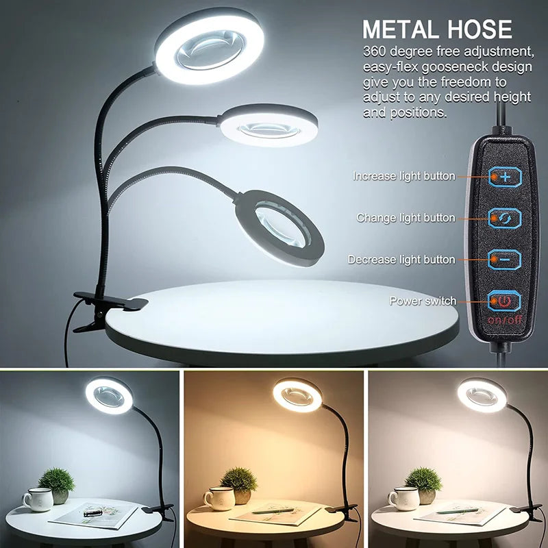 Lámpara de Lupa LED con Clip y Cuello de Cisne