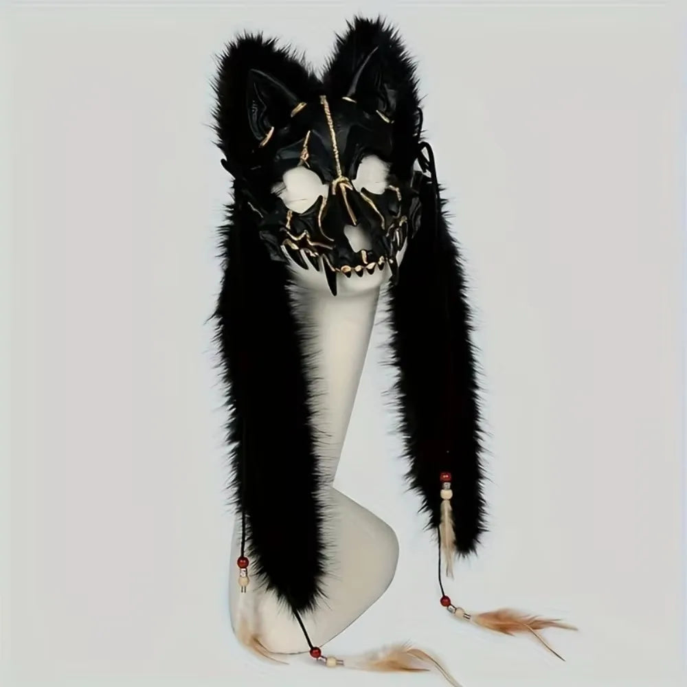 Máscara de lobo peludo, máscara de zorro de piel vikinga, tocado de Wendigo, disfraz de hombre lobo de Halloween, Cosplay Medieval bárbaro, Guerrero renacentista