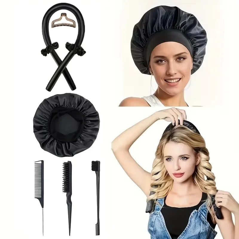 Juego de rizadores sin calor de 3/5/8 piezas con gorro de satén para dormir, pinzas para el cabello, peine y lazo para el cabello, herramientas de peinado sin calor para mujer para uso nocturno