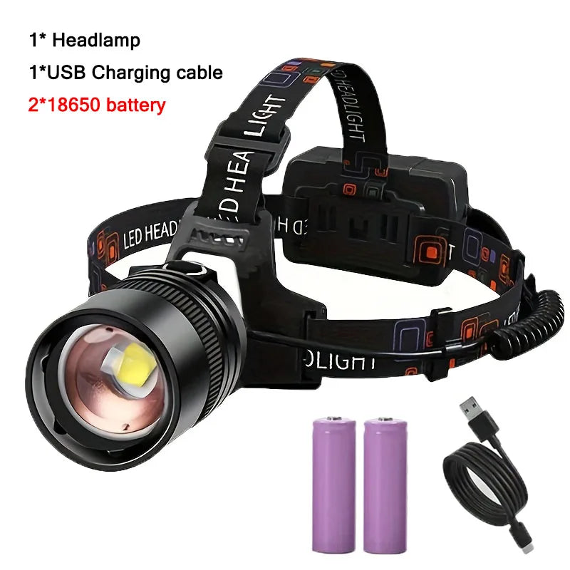 Linterna Frontal LED Recargable de Aluminio con Zoom, para Camping y Pesca