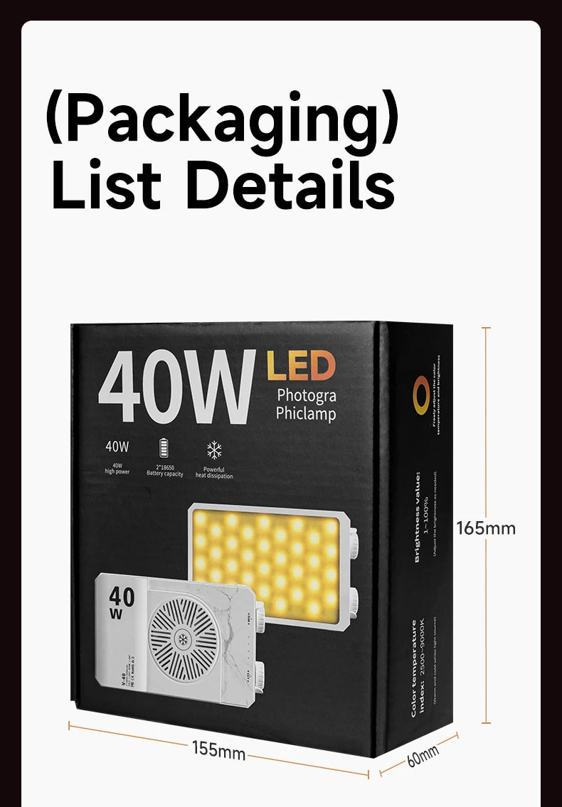 Luz de relleno de mano de 40W, luz portátil de bolsillo para Selfie, fotografía al aire libre, luz LED suave, luz de belleza con ventilador, luz superior para cámara