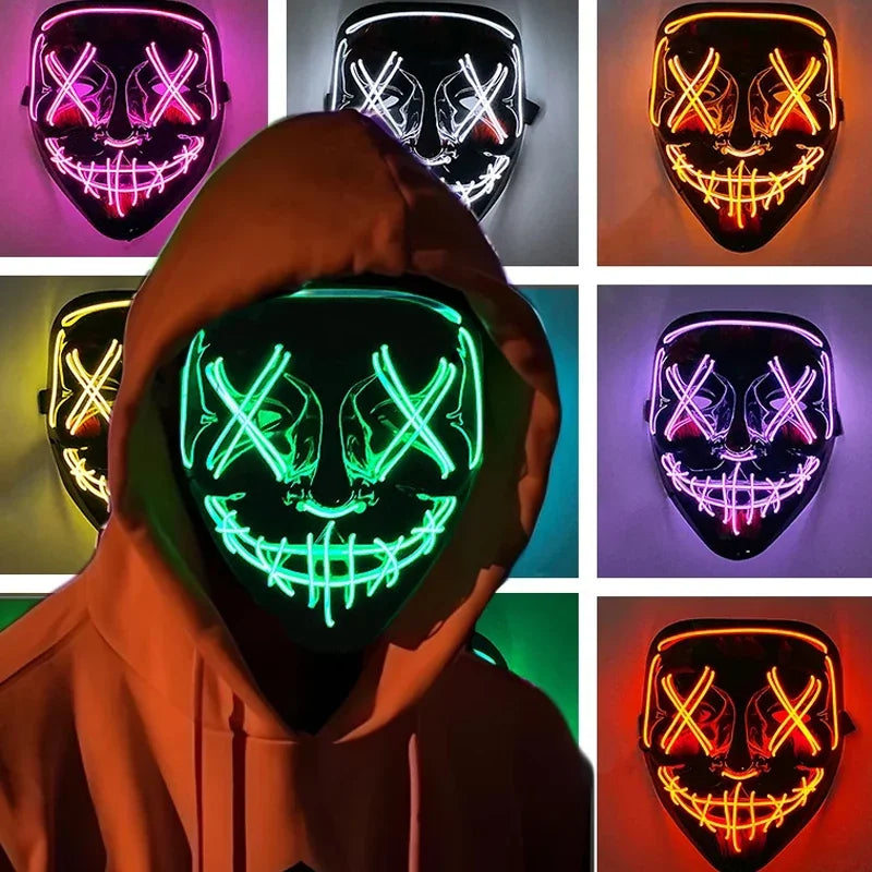Cosplay disfraz de Halloween luz LED máscara de miedo máscara de Halloween cara para hombre niños Techwear máscara de encaje máscara facial decoración de fiesta