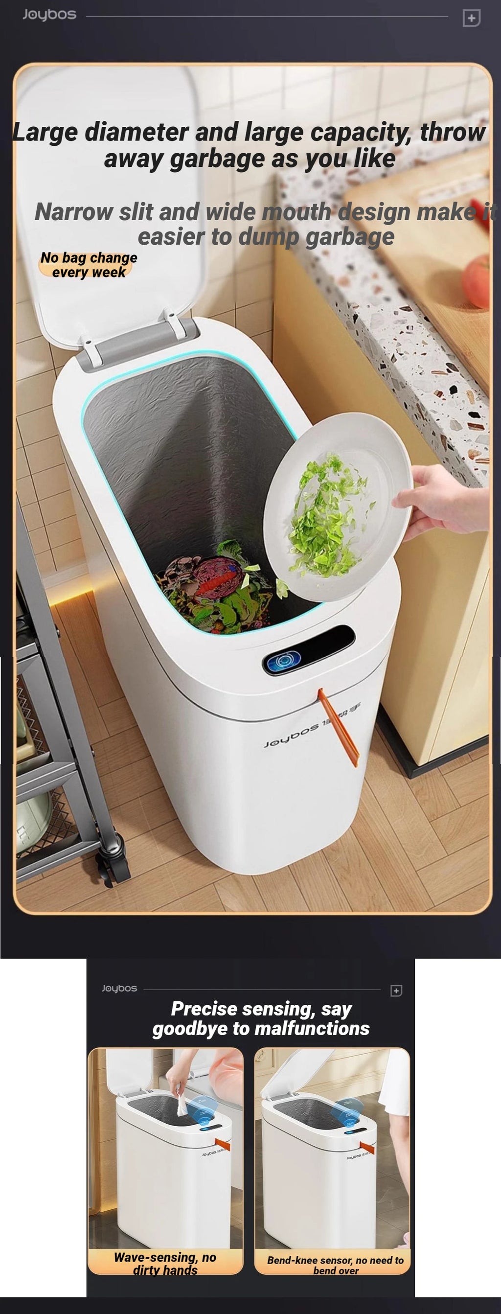 Cubo de basura inteligente Joybos con sensor, impermeable y diseño estrecho