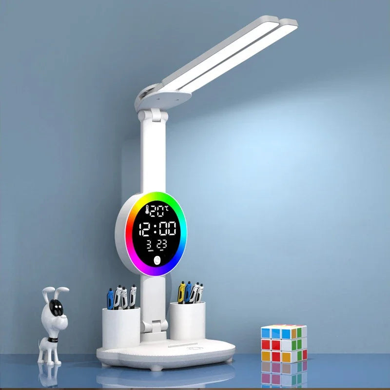 Lámpara de mesa Led para estudio, lámpara de escritorio, luz de lectura, luz nocturna Led con ventilador, reloj Led, pantalla, luz de escritorio de lectura