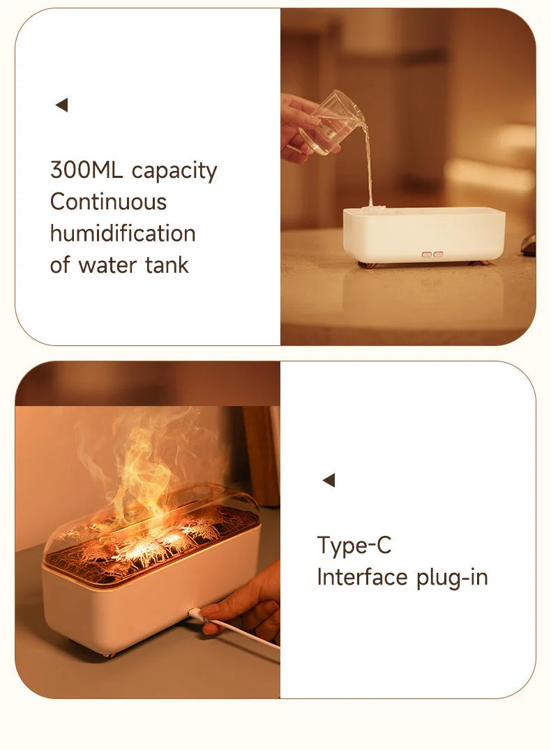 Difusor de Aroma de Aceite Esencial con Diseño de Lava Volcánica de 300 ml, Pequeño Difusor de Fragancia para el Hogar con USB, Humidificador con Efecto de Llama