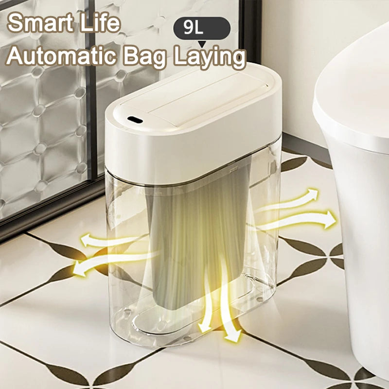 Cubo de basura con Sensor con tapa, cubo de basura de adsorción de ensacado automático bidireccional de 9L, cubo de basura de montaje en pared con hendidura estrecha para el hogar y la cocina