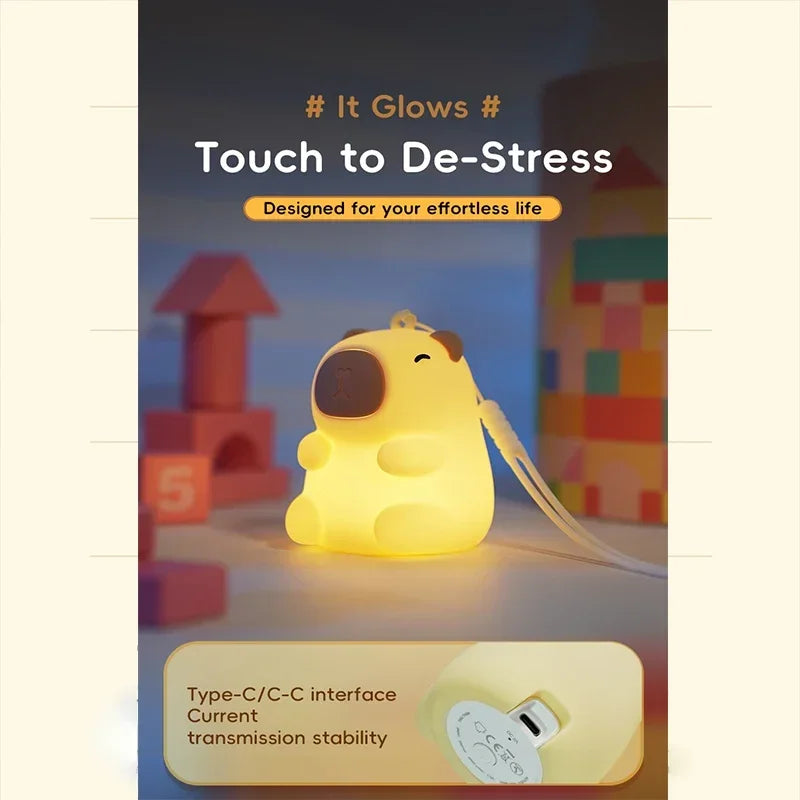 Luz nocturna linda de capibara, juguetes de regalos de Navidad de lámpara blando, luz nocturna de silicona regulable LED recargable para niños
