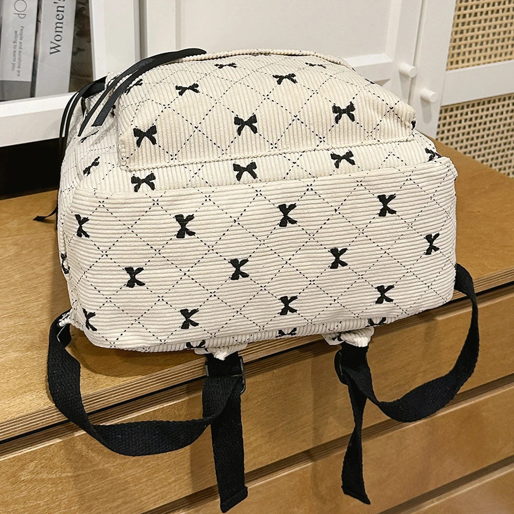 Mochila de Ocio, Mochila de Pana con Lazo para Primavera y Verano, Mochila de Gran Capacidad Estilo Universitario, Mochila para Viajar al Trabajo