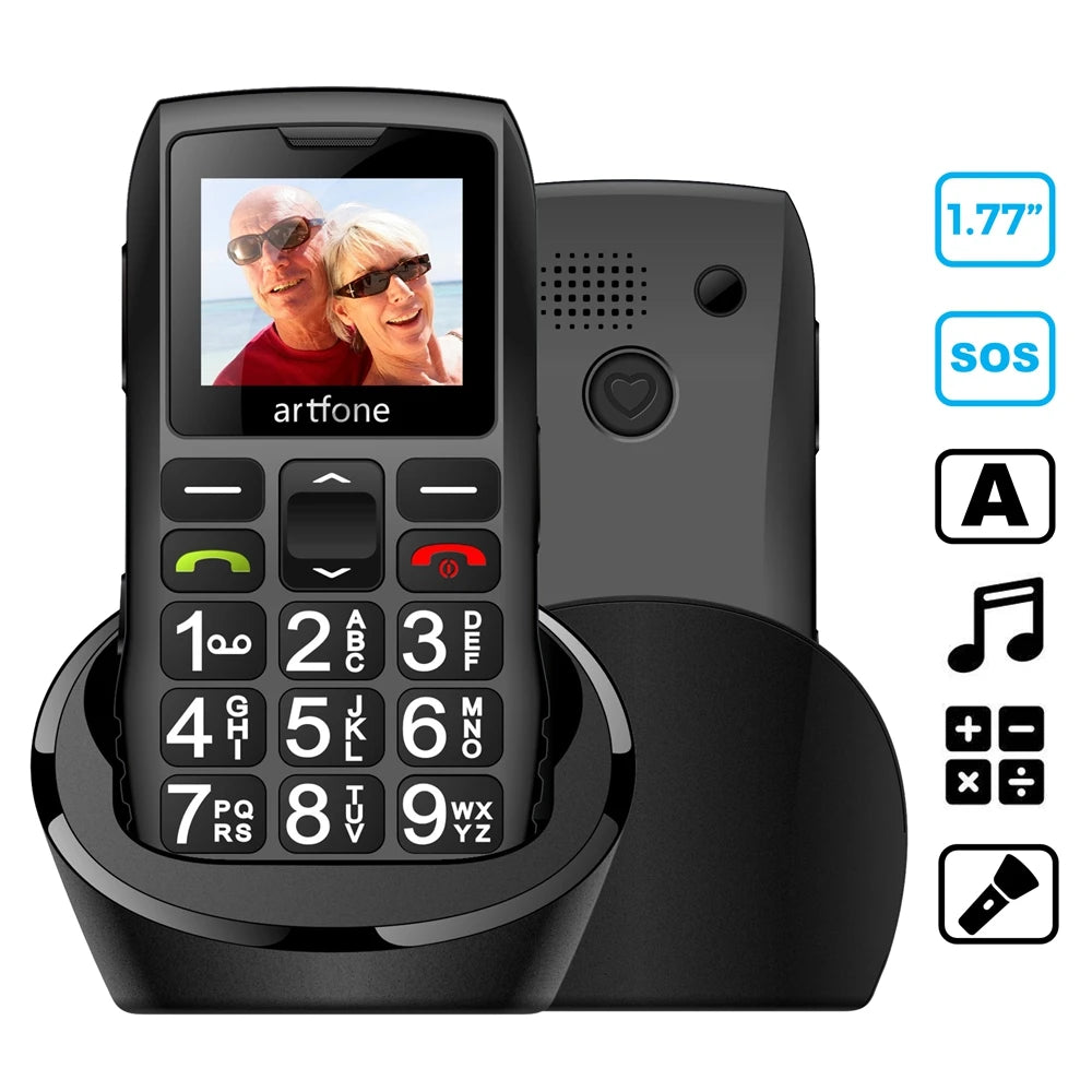 Teléfono móvil para personas mayores Artfone C1+ con base de carga gratuita, teclado grande de goma, para personas mayores, doble SIM, botón SOS, FM, 1400 mAh